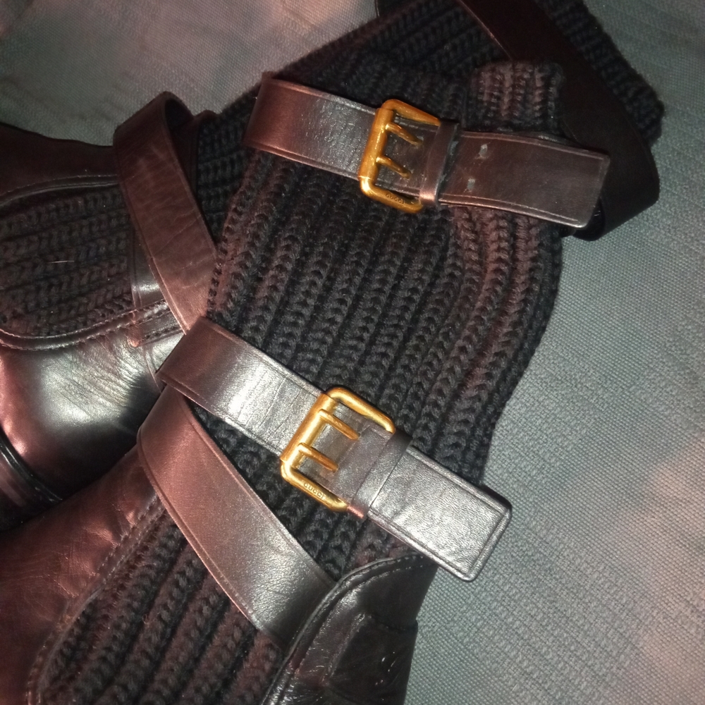 Gucci Black Leather And Knit Pull On Women's Riding/ Moto Boots. Sz 37.5 7.5US. - Picture 4 of 9